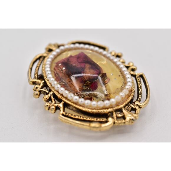 Vintage Dried Rosebud Flower Pin Brooch Antiqued Oval Romantic Chunky 70s BinBP - Picture 10 of 12